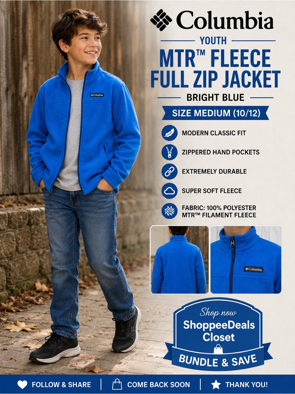Columbia Youth MTR™ Fleece Full Zip Jacket – Bright Blue – Size Medium (10/12)